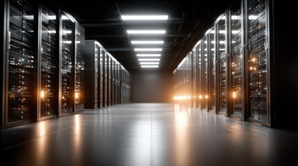 Rows of server racks illuminate the data center with blue lights, highlighting the sleek design and energy efficiency of modern technology