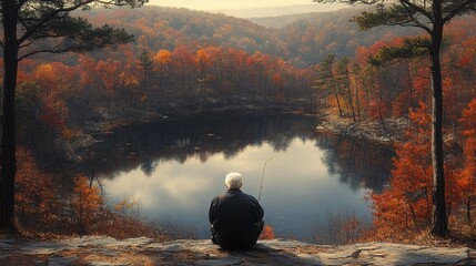 Serene Fishing Scene in Autumn Forest Reflection at Tranquil Lake