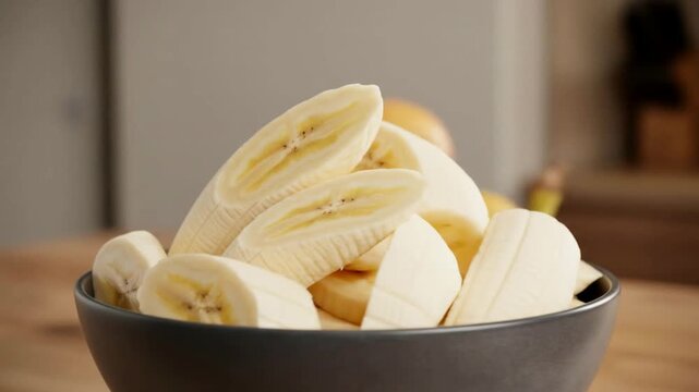 A dark bowl filled with freshly peeled and sliced ripe bananas, some cut lengthwise and others in round pieces, ready for consumption or use in a recipe.