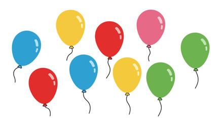 Colorful balloons floating on white background: red, blue, yellow, green, pink