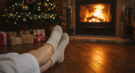 A pair of feet in cozy, white knitted socks rest on a wooden floor in front of a roaring fireplace, surrounded by Christmas decorations and wrapped presents.