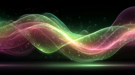 Vivid green and pink neon light streaks flowing across a dark background, creating a vibrant abstract pattern of glowing motion and energy.