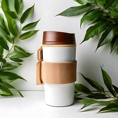 Insulated coffee mug with strap, surrounded by plants