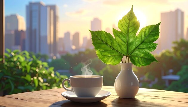 A serene morning scene featuring a steaming cup of coffee, a vibrant green leaf in a white vase, and a tranquil cityscape view.