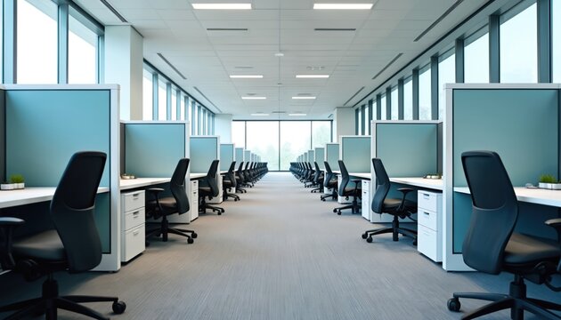 Modern open-plan office interior featuring rows of clean, organized cubicles, ergonomic chairs bathed in natural daylight from large windows. Contemporary workspace promotes productivity with - Powered by Adobe