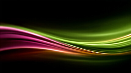 Vivid green and pink neon light streaks flowing across a dark background, creating a vibrant abstract pattern of glowing motion and energy.