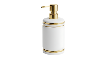 White ceramic soap dispenser with gold trim isolated on transparent background