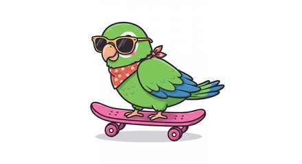 Cartoon bird riding skateboard isolated on white background with sunglasses and bandana