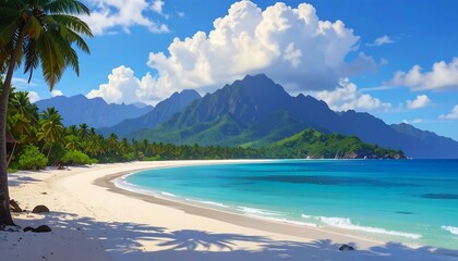 Tropical paradise scene showcasing a pristine beach with turquoise water and verdant palm trees, mountains rise in the background under a partly cloudy sky. A picturesque coastal landscape
