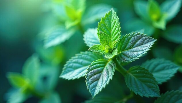 Fototapeta Close-up of shimmering silver leaves with a refreshing peppermint green hue, reflecting light with a cool, minty tone  Perfect for holiday, spa, or winter themes ,  cold,  icy