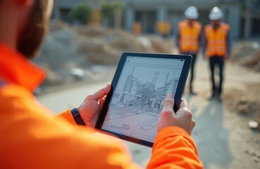 Architect reviews building blueprint on tablet at construction site. Engineers in safety vests and helmets observe. Team collaboration on industrial project using digital tech for urban development.