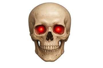 Human skull with glowing red eyes on transparent background