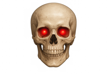 Human skull with glowing red eyes on transparent background