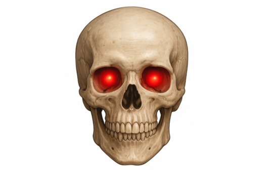 Human skull with glowing red eyes on transparent background