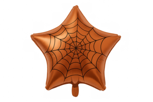 Orange star-shaped balloon with spider web design on transparent background