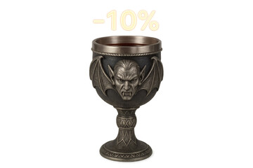 Vampire goblet with red wine offering 10% discount on transparent background