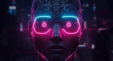 Futuristic cyberpunk robot head with neon lighting technology concept