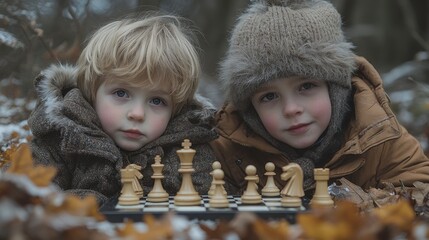 Two Children Playing Chess Outdoors in Winter Surrounded by Nature