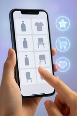 A person browsing products on a smartphone screen, with an engaging online shopping experience. The smartphone screen shows different objects available for purchase.
