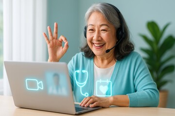 An elderly woman happily using a laptop for a telehealth appointment