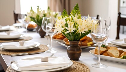 A beautifully set table with white flowers, plates, napkins, and glasses. A variety of food is visible. The lighting is bright, suggesting a welcoming atmosphere