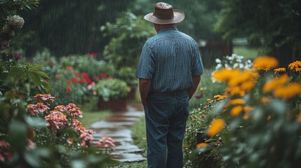 Man Walking Through Flower Garden in Rainy Weather Environment