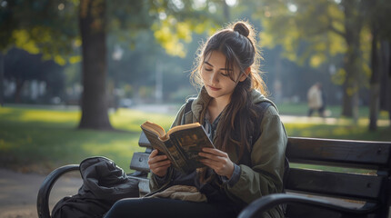 Fototapeta premium young homeless woman is sitting on a park bench, reading a worn-out book with a serene, hopeful expression. Sunlight filters through the trees, casting a gentle glow on her. She has a small backpack