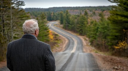 Elderly Man Standing on Road Surrounded by Trees in Autumn Landscape
