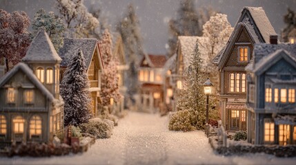 cozy winter village scene with miniature houses and snow covered trees