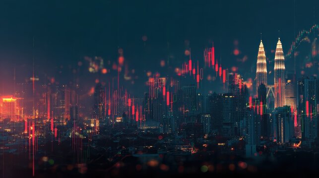 forex trade market concept with digital indicators graphs financial diagram at night kuala lumpur city background double exposure no logos no brands ar 169