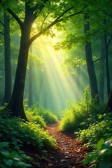 Obraz premium Serene nature scene perfect for mindfulness and meditation; calming forest bathing, sunlight dappling through leaves, tranquil sounds of nature , shinrin-yoku, soil