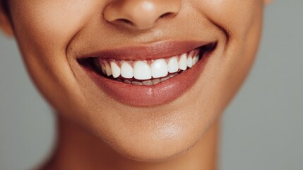 Obraz premium close up face of young woman with beautiful smile isolated on grey wall with copy space successful multiethnic girl latin woman looking at camera against gray wall with a big whitening teeth smile no