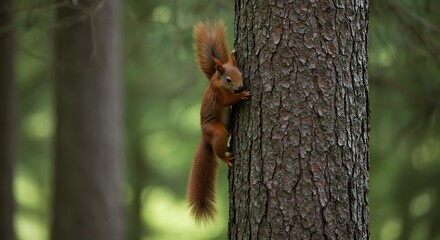 A squirrel clinging to the side of a tree trunk in a forest with a blurred green background view outside