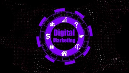 Digital marketing circular graphic with icons on black background