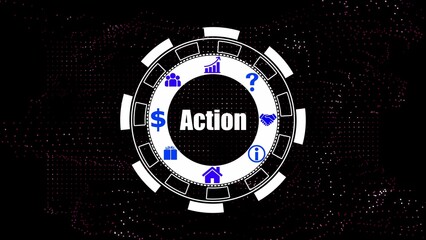 Gear with business icons and the word Action strategy