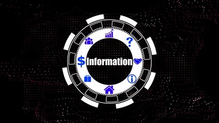 Information wheel with icons and text on dark background