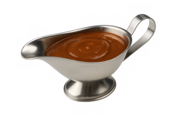 Metal gravy boat filled with brown sauce on transparent background