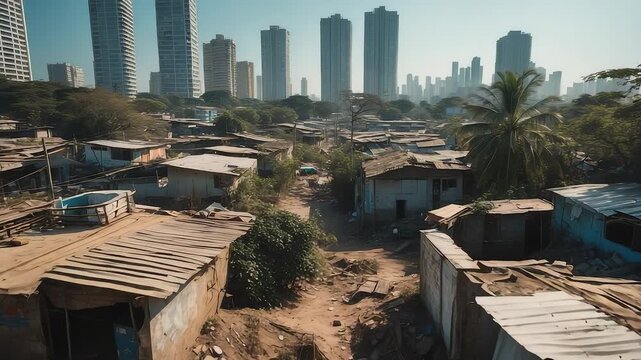 Contrasting view of crowded slum area with makeshift houses in foreground and tall modern skyscrapers rising in background city skyline