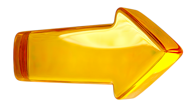 Bright Shiny Golden Glass Arrow Pointing Right Transparent Png Cutout Image for Directional Signage and Navigation Elements