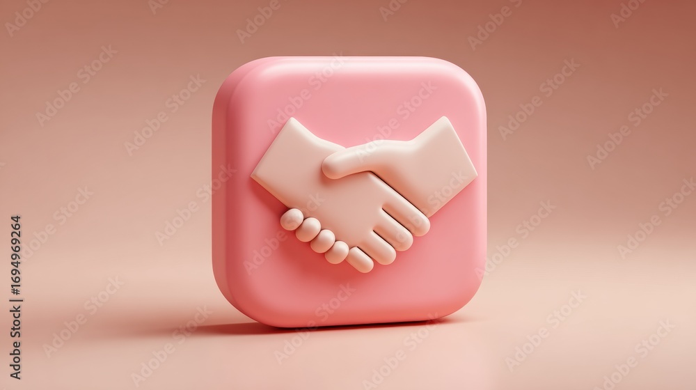 Poster two hands shaking in a pink square icon symbolizing agreement and partnership displayed in a light s