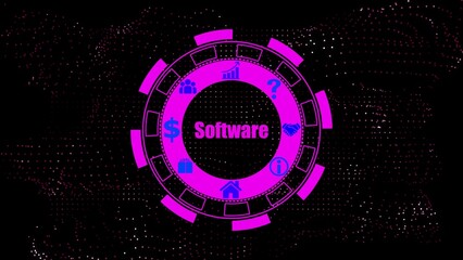 Pink digital gear with software icons and text technology