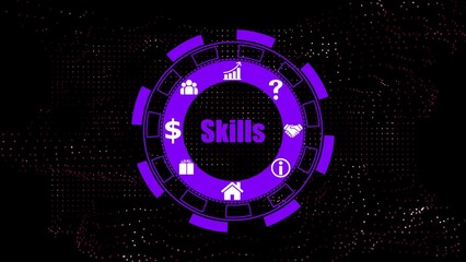 Purple circular graphic with skills icons and text