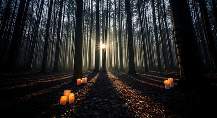 Candles illuminate a forest path at dusk