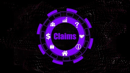Purple digital interface with claims text and icons