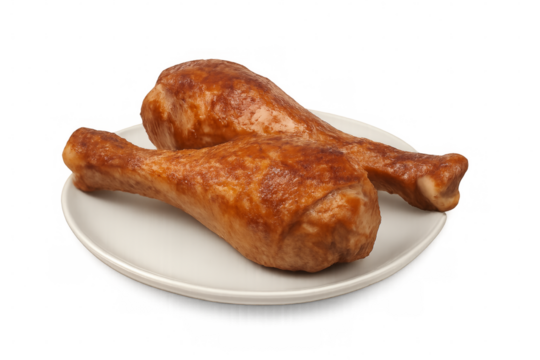 Two juicy roasted turkey legs resting on white plate with transparent background