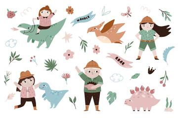 Cute Girl Explorer and Dinosaurs Vector Set. Adventure Clipart Collection