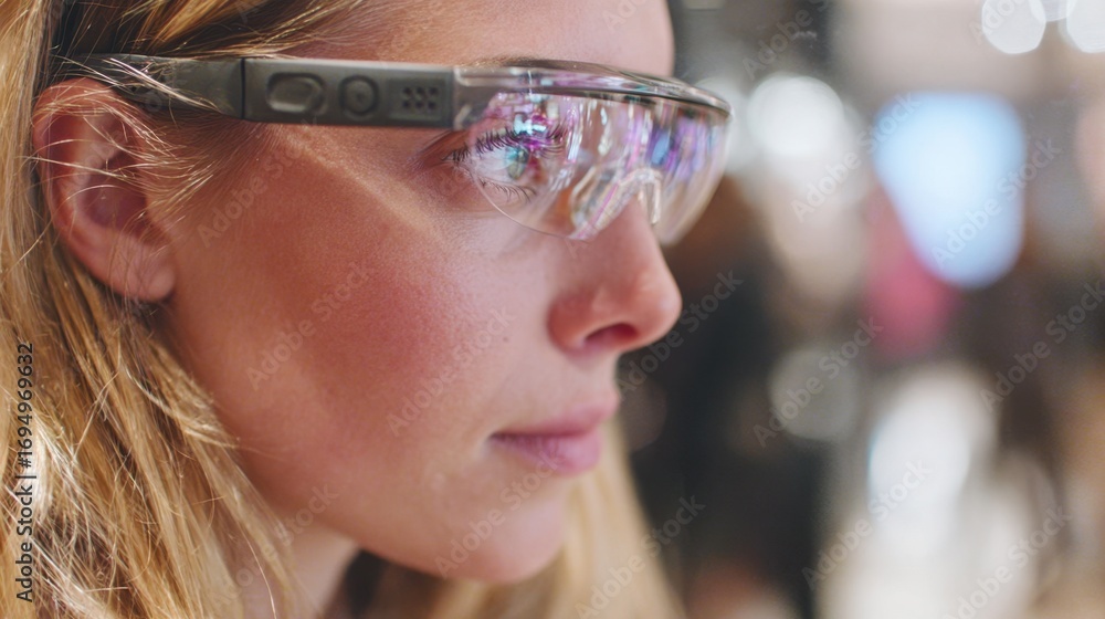 Aufkleber medium shot of a woman trying on virtual glasses through augmented reality with the eyewear in sharp