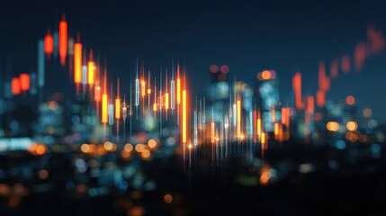 abstract glowing big data forex candlestick chart on blurry city backdrop trade technology investment and analysis concept double exposure no logos no brands ar 169