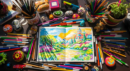 Fototapeta premium Colorful Artwork Supplies Arranged Around a Landscape Drawing on a Wooden Surface Composition