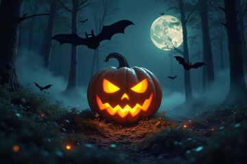 Spooky jack o lantern in a dark forest with bats and full moon